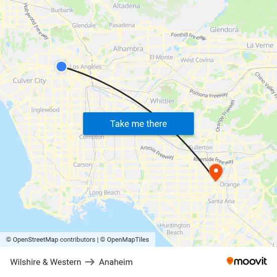 Wilshire & Western to Anaheim map