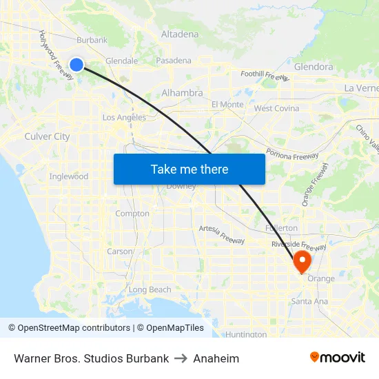 Warner Bros. Studios Burbank to Anaheim map