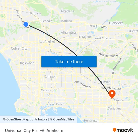 Universal City Plz to Anaheim map