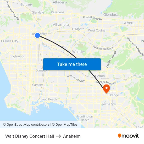 Walt Disney Concert Hall to Anaheim map
