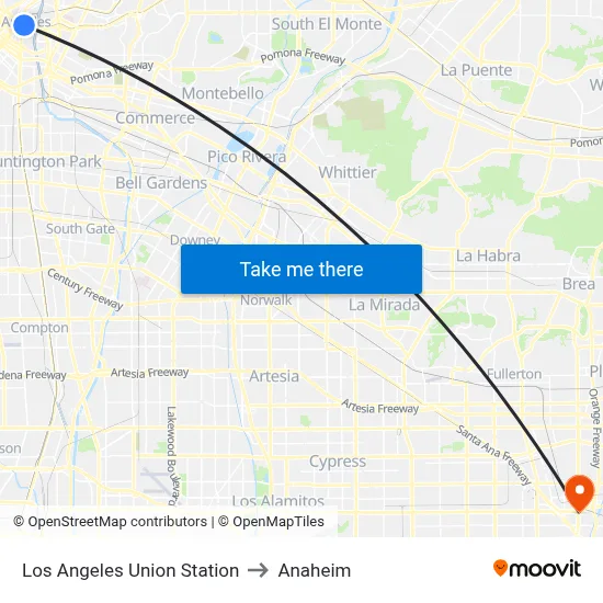 Los Angeles Union Station to Anaheim map