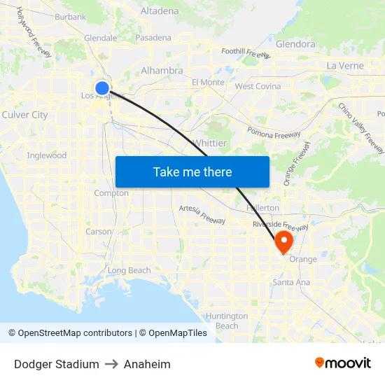 Dodger Stadium to Anaheim map