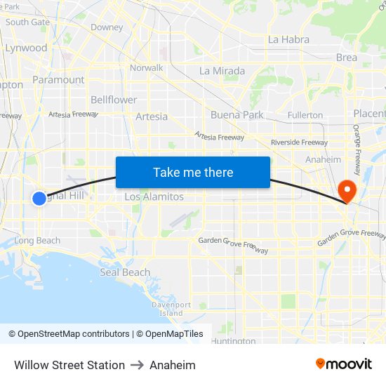 Willow Street Station to Anaheim map