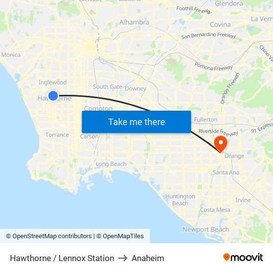 Hawthorne / Lennox Station to Anaheim map