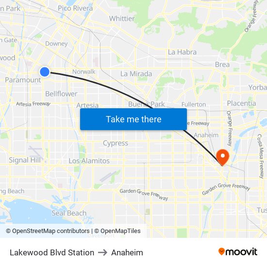 Lakewood Blvd Station to Anaheim map
