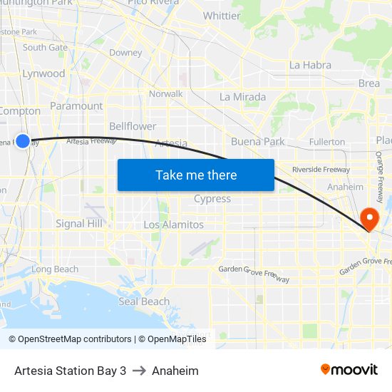 Artesia Station Bay 3 to Anaheim map