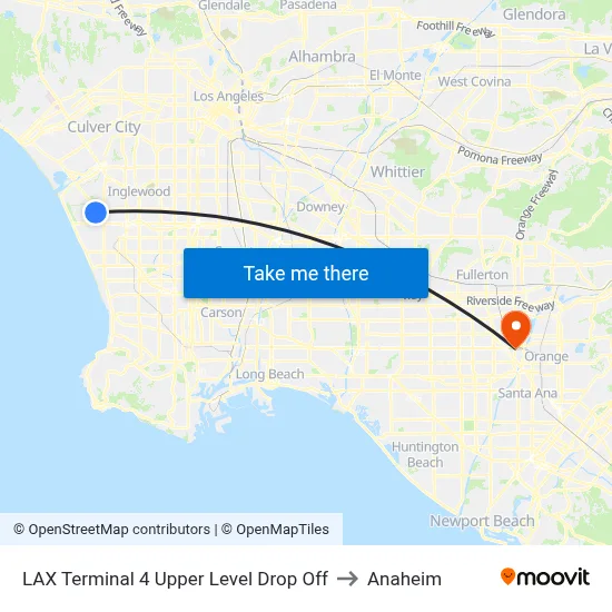 LAX Terminal 4 Upper Level Drop Off to Anaheim map