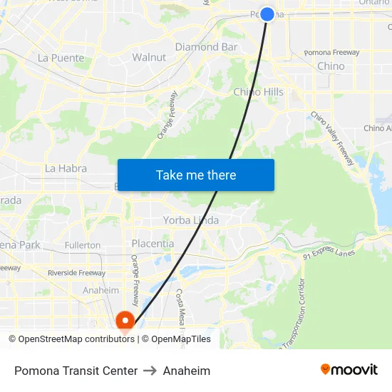 Pomona Transit Center to Anaheim map