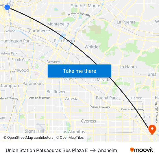 Union Station Patsaouras Bus Plaza E to Anaheim map