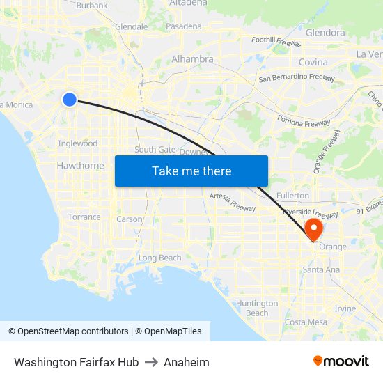 Washington Fairfax Hub to Anaheim map
