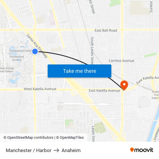 Manchester / Harbor to Anaheim map