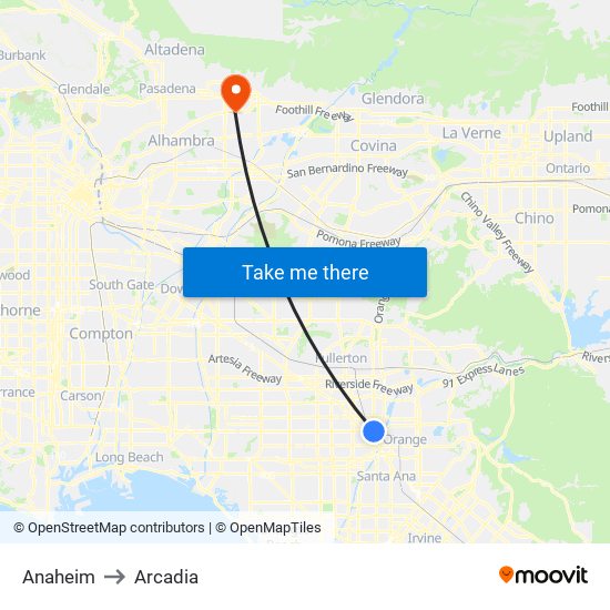 Anaheim to Arcadia map
