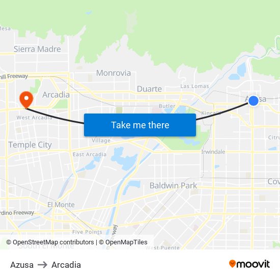 Azusa to Arcadia map