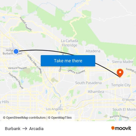 Burbank to Arcadia map