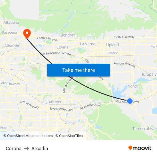 Corona to Arcadia map