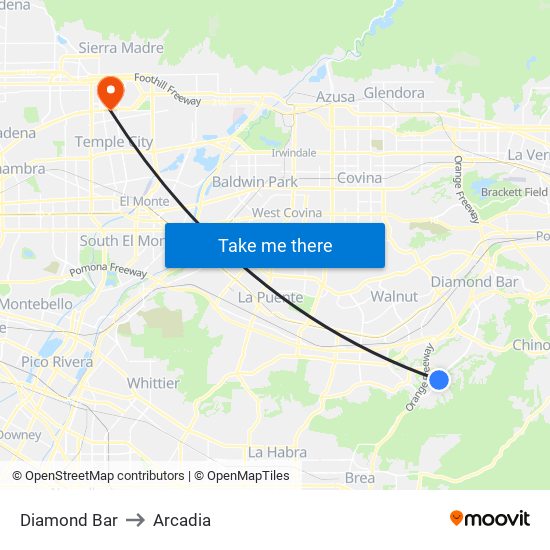 Diamond Bar to Arcadia map