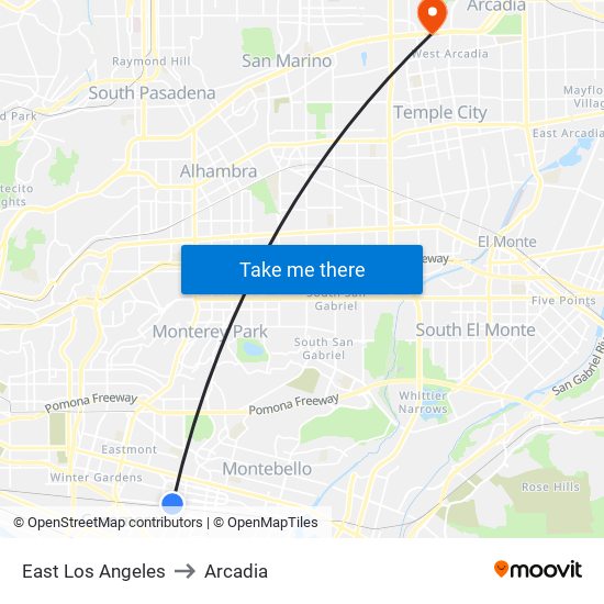 East Los Angeles to Arcadia map