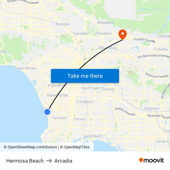 Hermosa Beach to Arcadia map