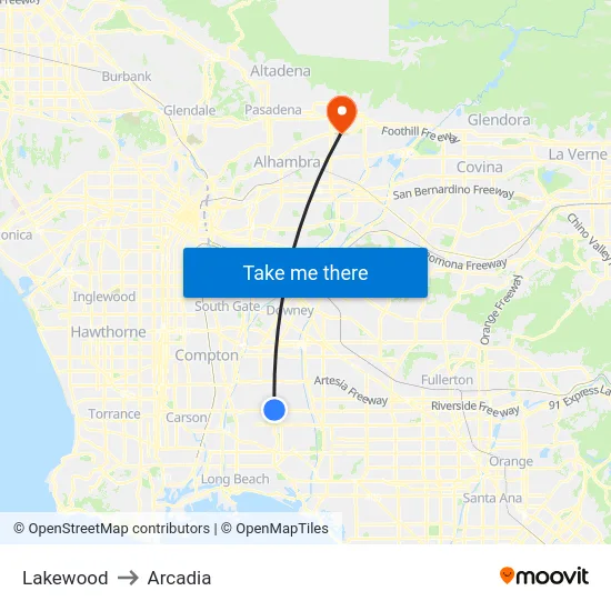 Lakewood to Arcadia map