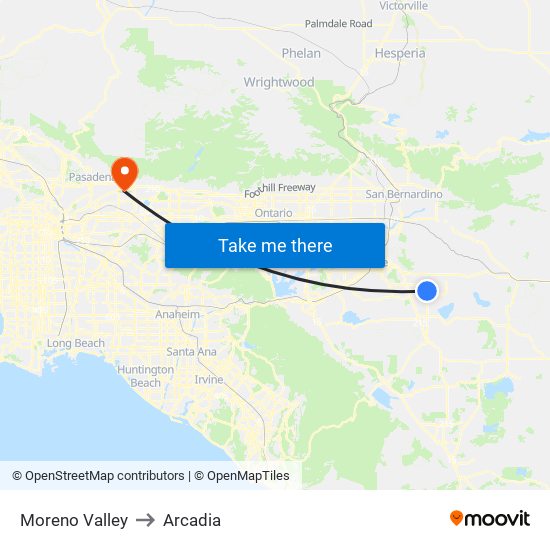 Moreno Valley to Arcadia map