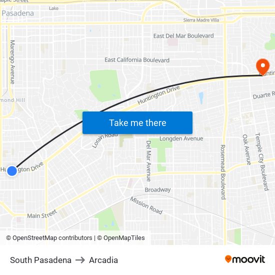 South Pasadena to Arcadia map