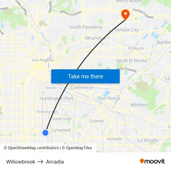 Willowbrook to Arcadia map