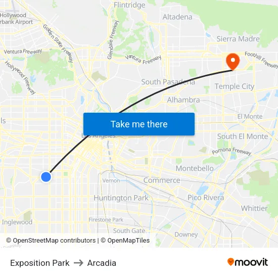 Exposition Park to Arcadia map