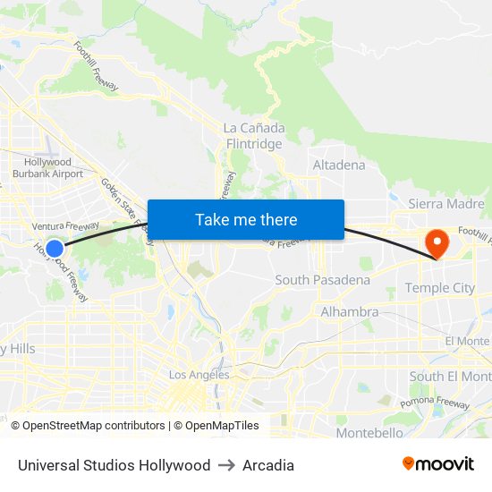 Universal Studios Hollywood to Arcadia map