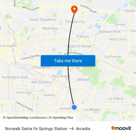 Norwalk Santa Fe Springs Station to Arcadia map