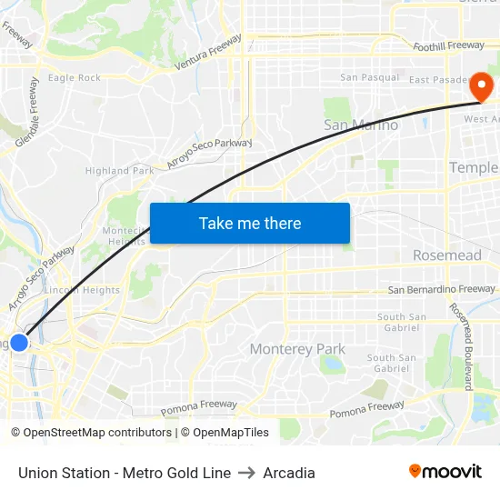 Union Station - Metro Gold Line to Arcadia map