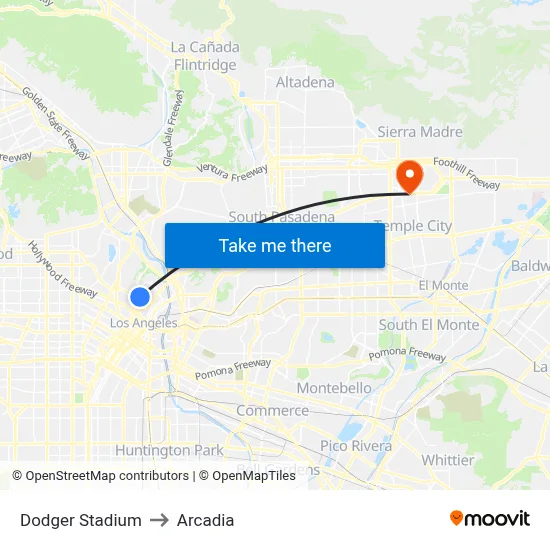 Dodger Stadium to Arcadia map