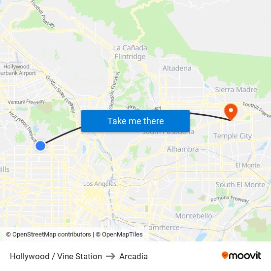 Hollywood / Vine Station to Arcadia map