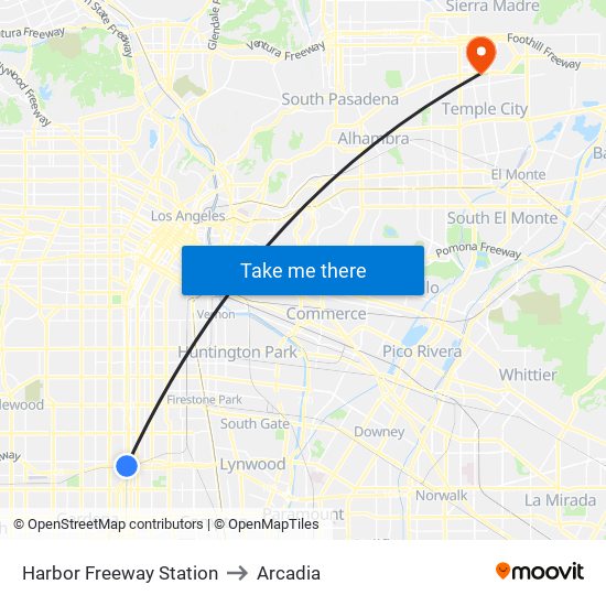 Harbor Freeway Station to Arcadia map