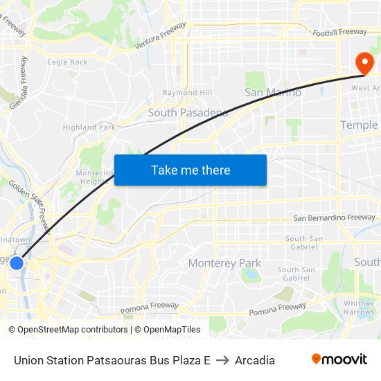 Union Station Patsaouras Bus Plaza E to Arcadia map