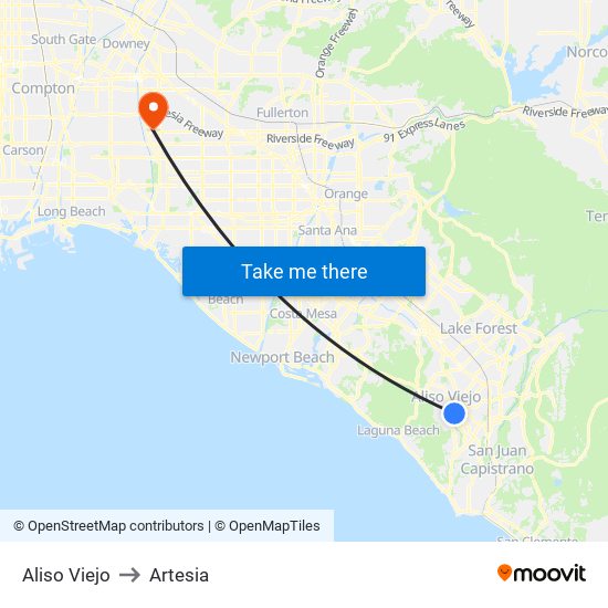 Aliso Viejo to Artesia map