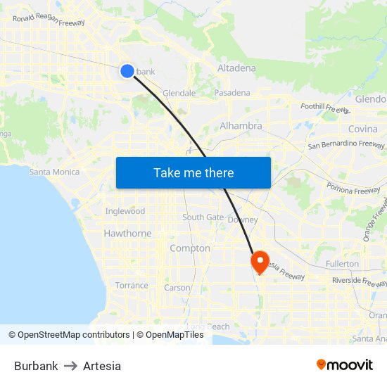 Burbank to Artesia map