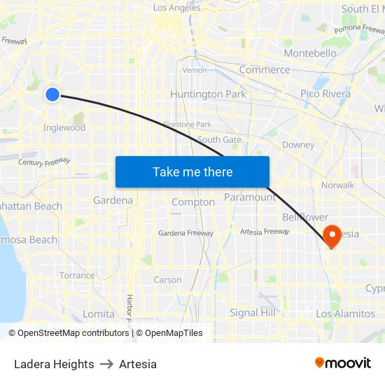Ladera Heights to Artesia map