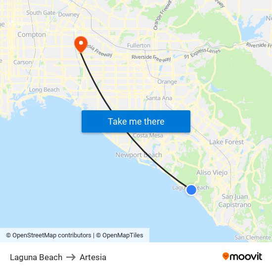 Laguna Beach to Artesia map