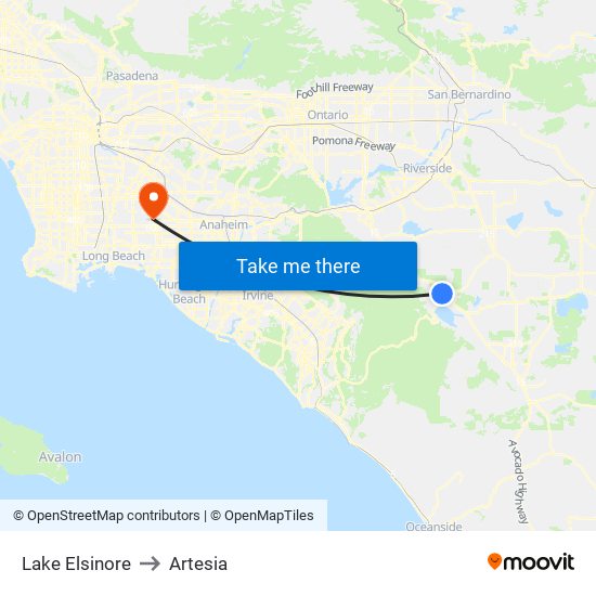 Lake Elsinore to Artesia map