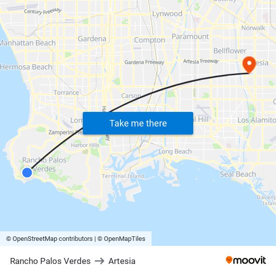 Rancho Palos Verdes to Artesia map