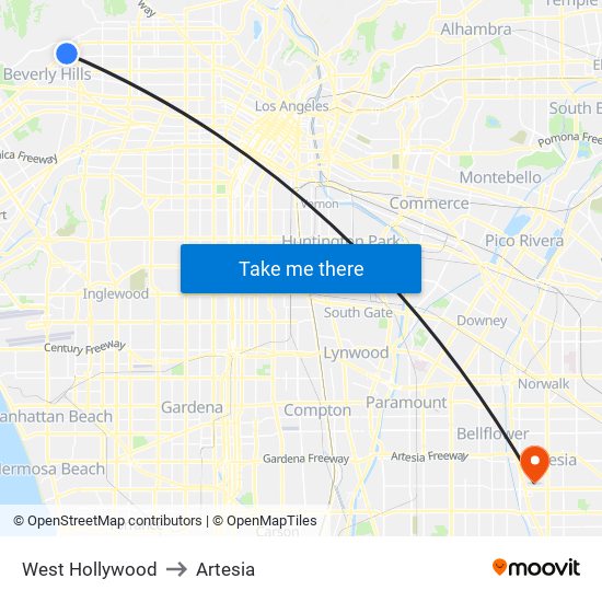 West Hollywood to Artesia map