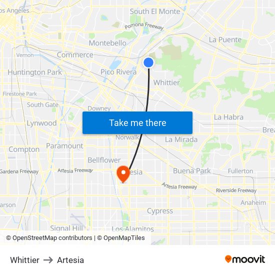 Whittier to Artesia map