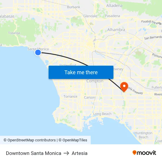 Downtown Santa Monica to Artesia map