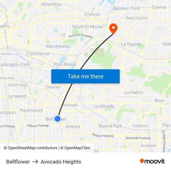 Bellflower to Avocado Heights map