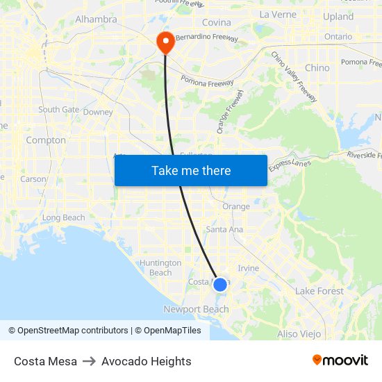 Costa Mesa to Avocado Heights map