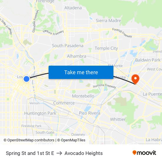 Spring St and 1st St E to Avocado Heights map