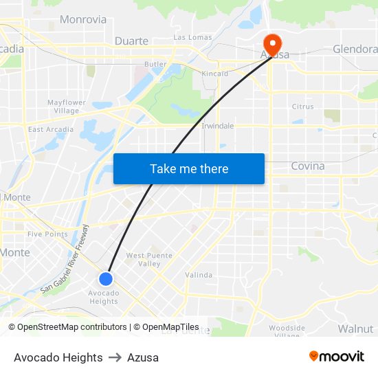 Avocado Heights to Azusa map