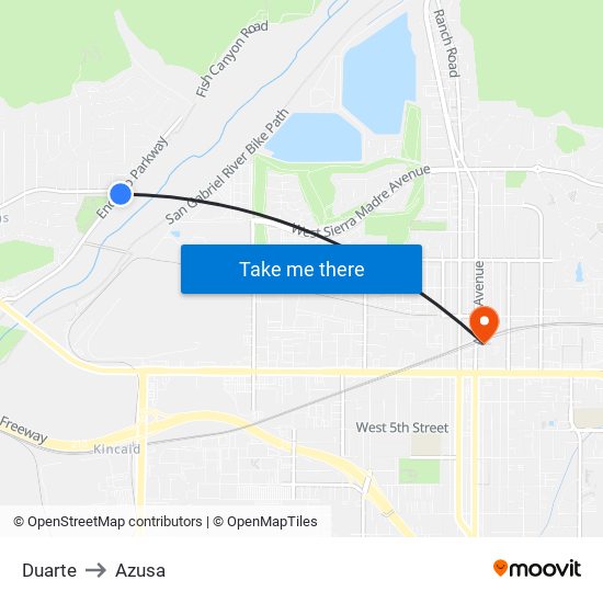 Duarte to Azusa map