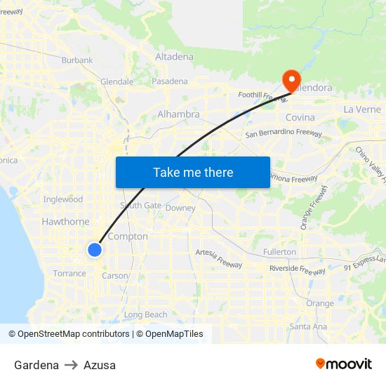 Gardena to Azusa map