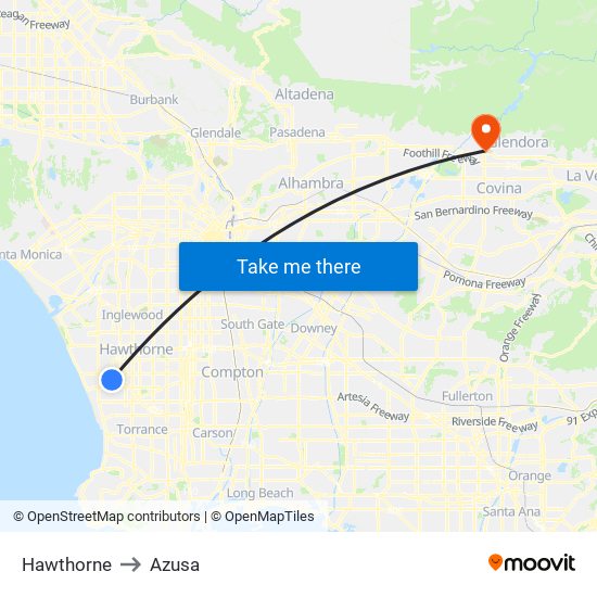 Hawthorne to Azusa map